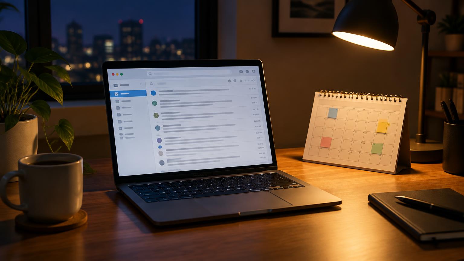 Laptop showing an email inbox next to a desk calendar under lamp light at night