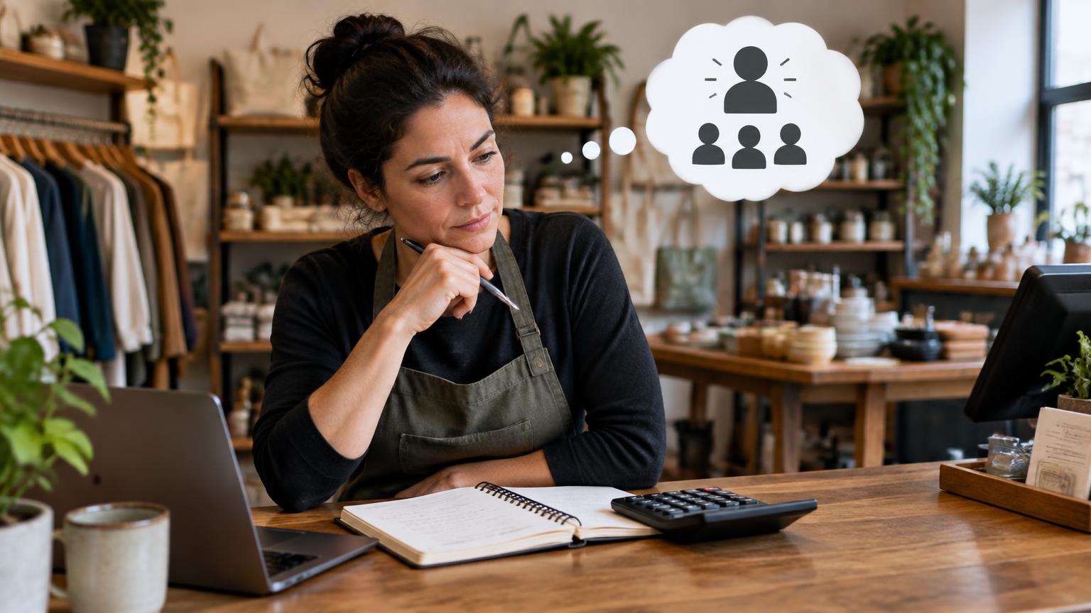 Solo shop owner at the counter weighing whether to hire, notebook and calculator in front of her