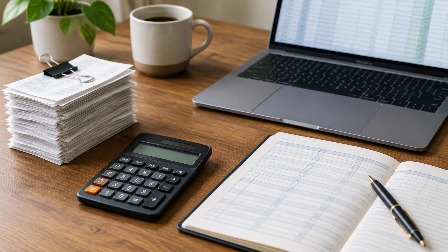 Stack of receipts, calculator, ledger, and laptop spreadsheet on a wooden desk