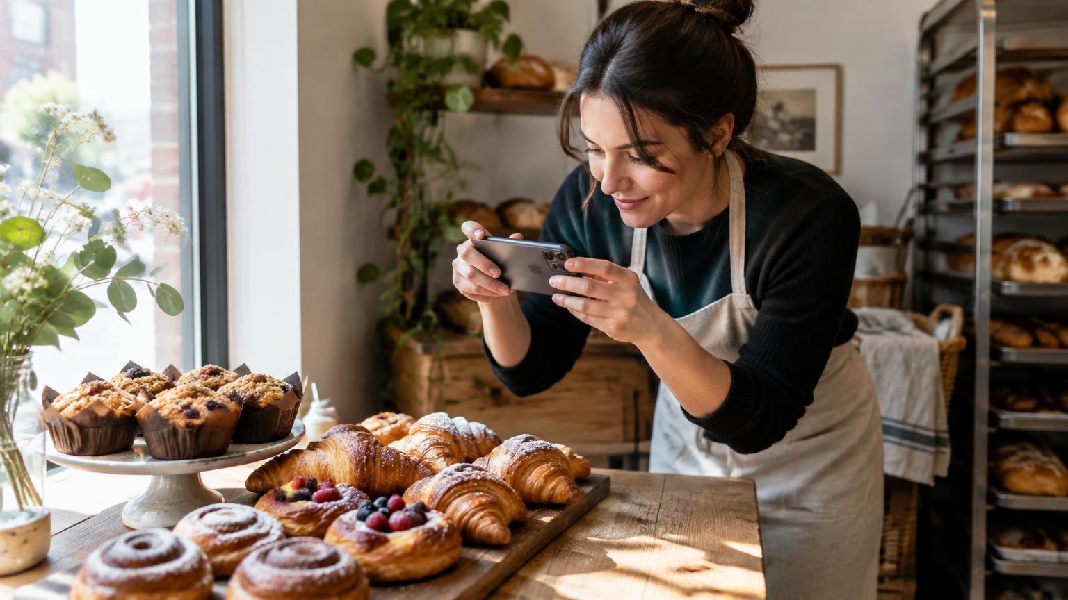 Bakery owner photographing fresh pastries with her phone for social media