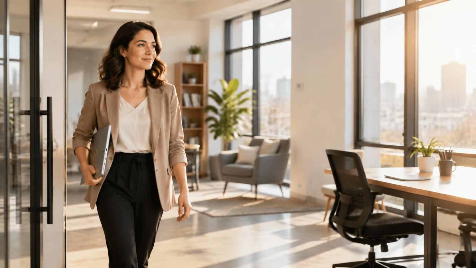 Small business owner walking alone into a bright office with a laptop