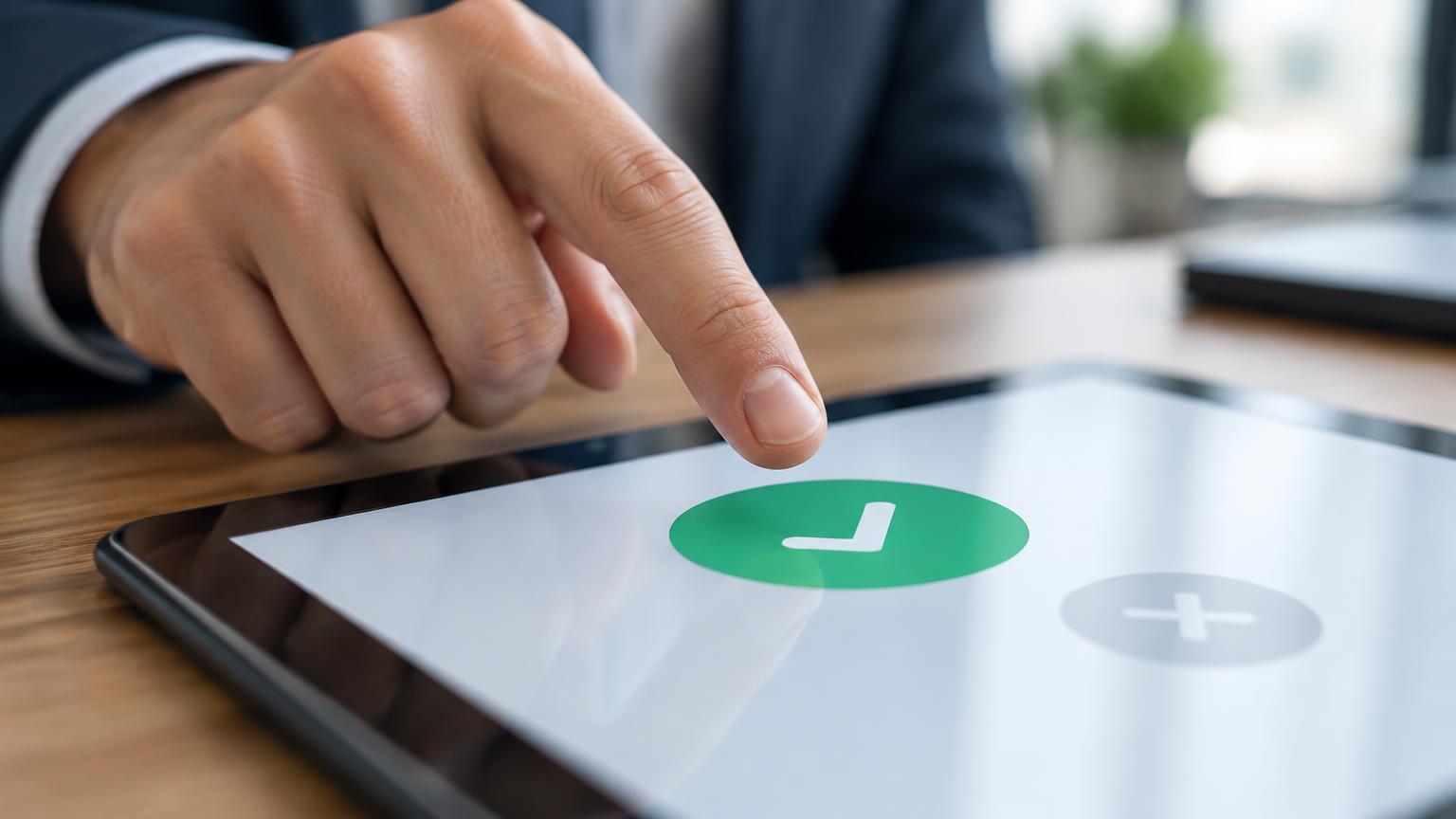 Finger about to tap a green approve button on a tablet