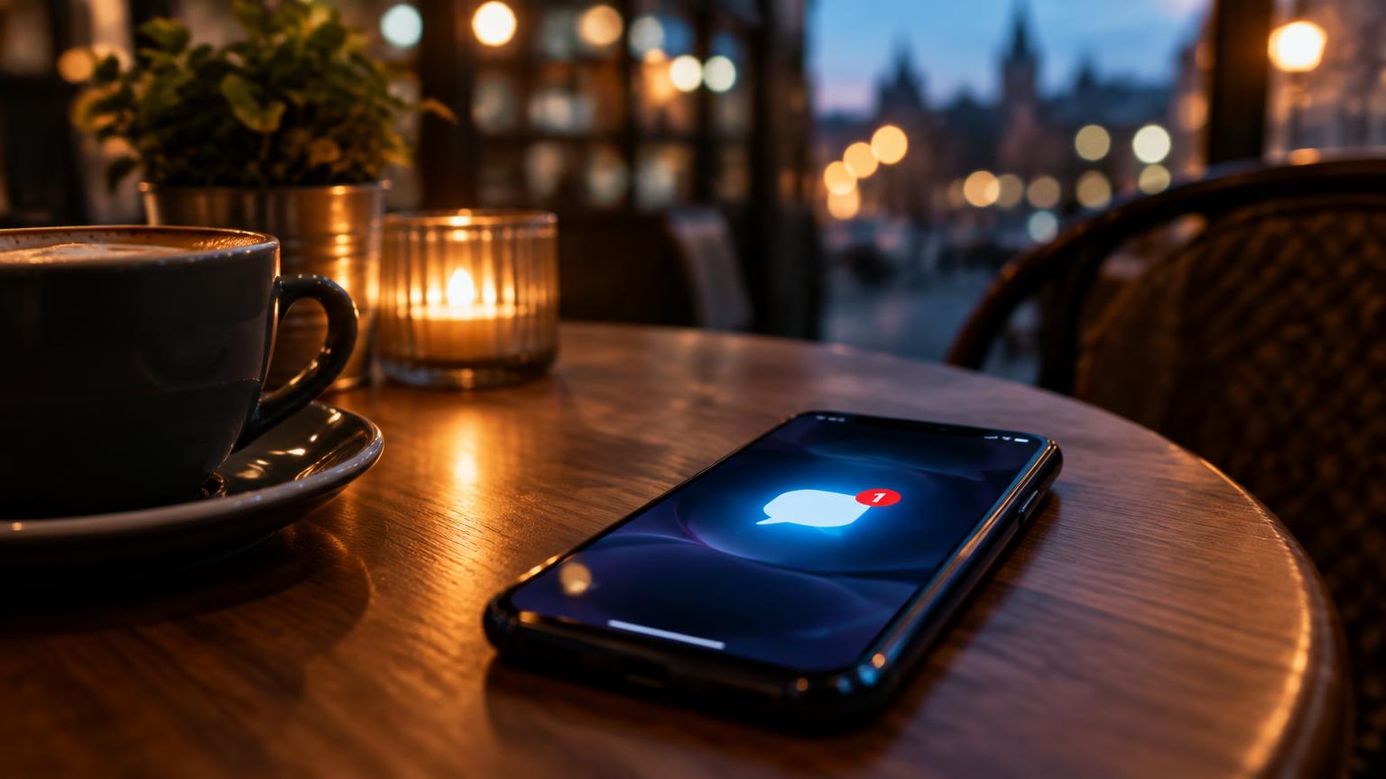 Phone on a cafe table lighting up with a new message in the evening