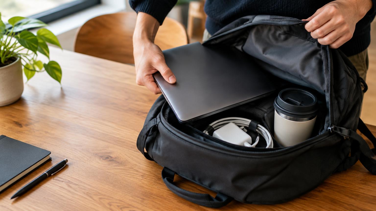 Packing a laptop, charger, and coffee tumbler into a backpack before a session